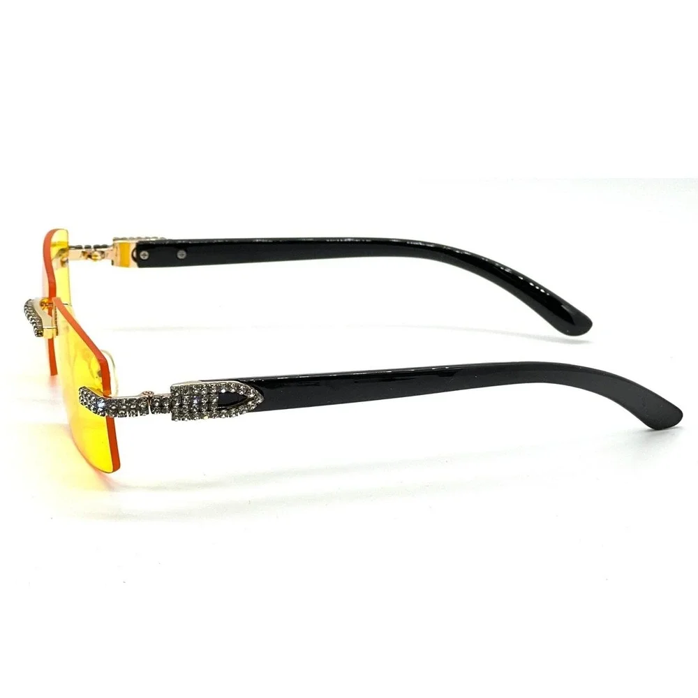 Rhinestone‎ Rimless Sunglasses Yellow Lens Fashion Tinted Glasses Trendy Rapper
